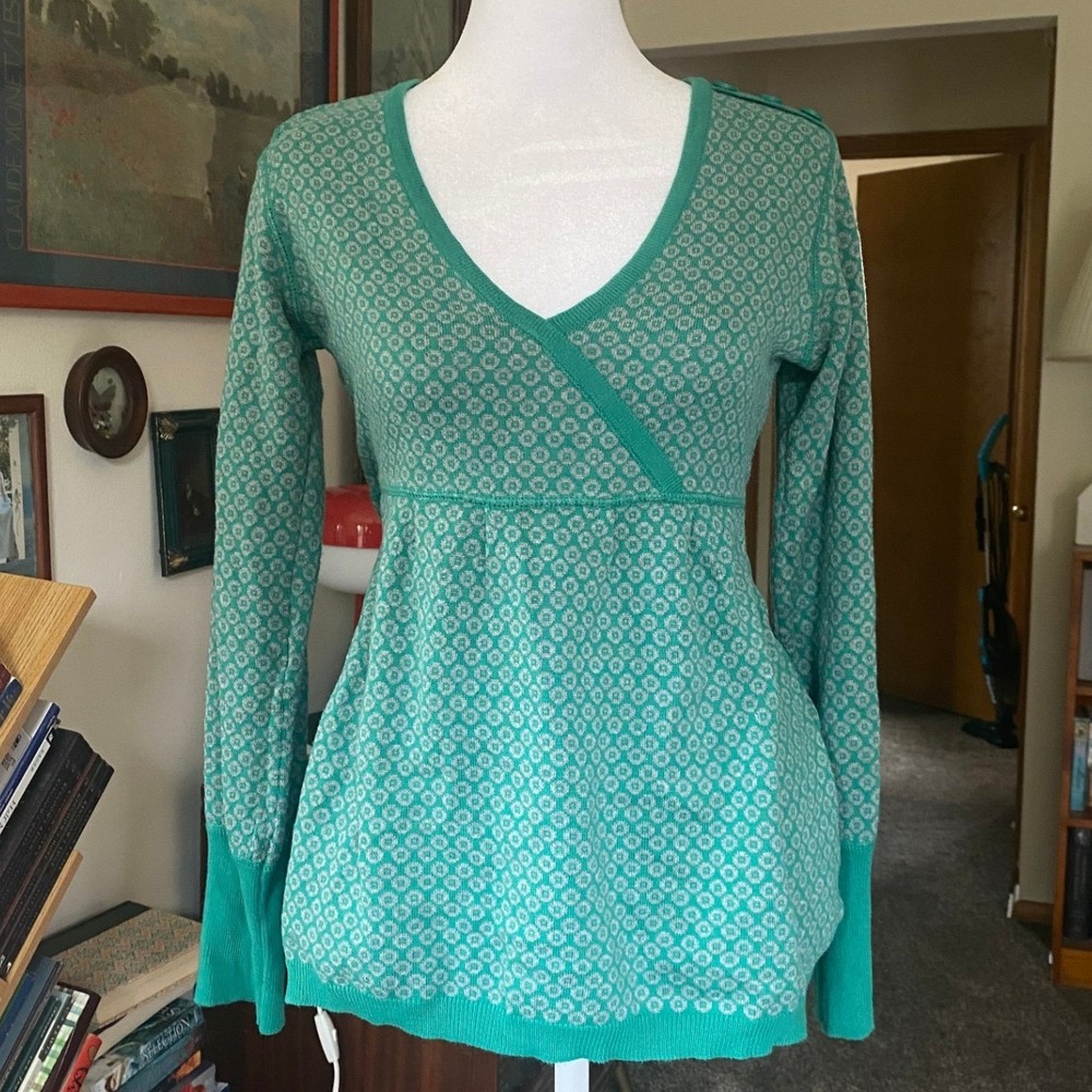 Y2K Babydoll Knit Cinch Waist Green Tunic Sweater 6‎ Boho Twee 2000s Mod Preppy